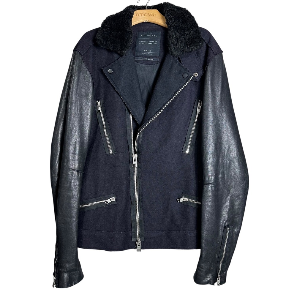AllSaints Wool Leather Sleeve Moto Biker‎ Jacket Small Sherpa Italian Streetwear